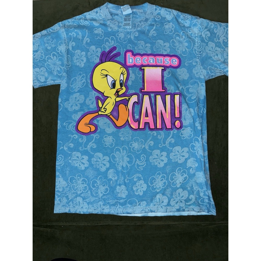 Vintage 1997 Looney Tunes Funny Tweety Hawaiian‎ AOP Shirt Men's L Blue RARE!